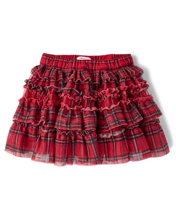 Girls Plaid Mesh Ruffle Tutu Skirt - Tartan Remix - CRIMSON