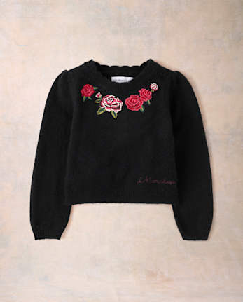Girls Embroidered Rose Sweater - Marchesa Mini x Gymboree - BLACK