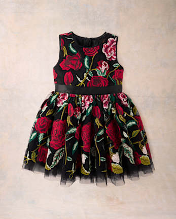 Girls Embroidered Floral Tulle Fit And Flare Dress - Marchesa Mini x Gymboree - BLACK