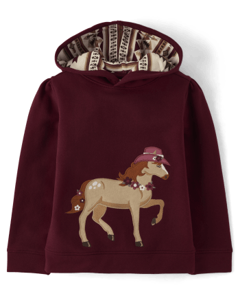 Girls Embroidered Horse Fleece Hoodie 2-Piece Outfit Set - Rustic Ranch