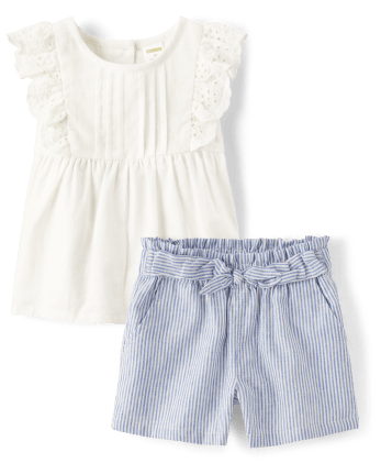 Girls Striped Linen-Blend 2-Piece Outfit Set
