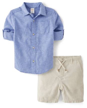 Conjunto de 2 piezas de camisa con botones y pantalones cortos sin cordones para niños - Lino