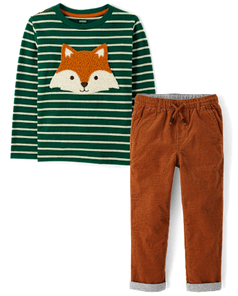 Conjunto de traje de 2 piezas con zorro bordado para niños - Aventuras de otoño