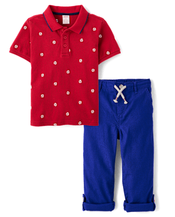 Boys Embroidered Baseball 2-Piece Outfit Set - American Cutie
