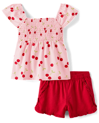 Girls Cherry Smocked 2-Piece Outfit Set - Sweet Summer