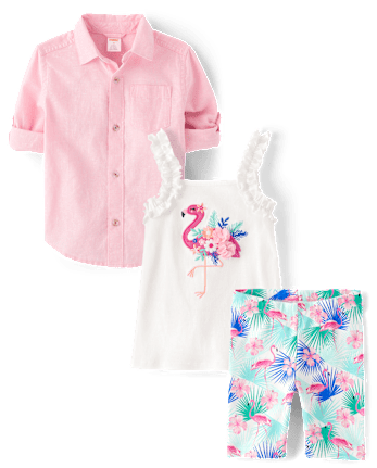 Girls Embroidered Flamingo 3-Piece Outfit Set - Seaside Palms