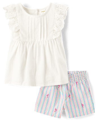 Girls Embroidered Flamingo 2-Piece Outfit Set - Seaside Palms