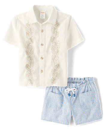 Girls Embroidered Linen-Blend 2-Piece Outfit Set