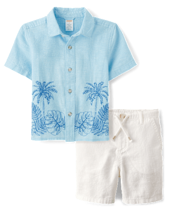 Kids Embroidered Palm Linen-Blend 2-Piece Outfit Set