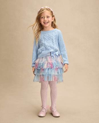 Girls Bow Back Cable Knit Sweater 2-Piece Outfit Set - On Pointe