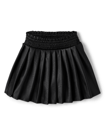 Girls Faux Pearl Sweater And Faux Leather Skort 2-Piece Outfit - Petit Paris