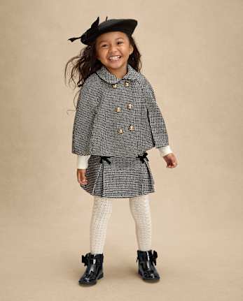 Girls Houndstooth Peter Pan Tweed Cape 3-Piece Outfit Set - Petit Paris