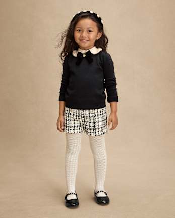 Girls Bow Peter Pan Sweater And Shorts 2-Piece Outfit Set - Petit Paris