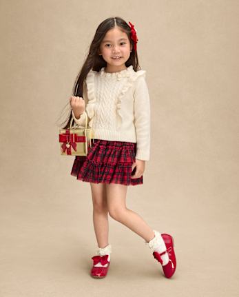 Girls Cable Knit Flutter Sweater 2-Piece Outfit Set - Royal Christmas