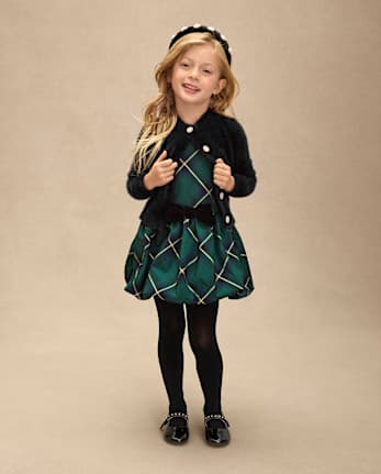 Girls Embellished Eyelash Cardigan And Bubble Dress 2-Piece Outfit Set - Royal Christmas