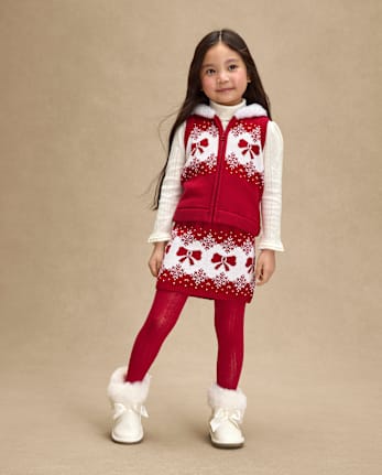 Girls Bow Fairisle Hooded Sweater Vest 3-Piece Outfit Set - Royal Christmas