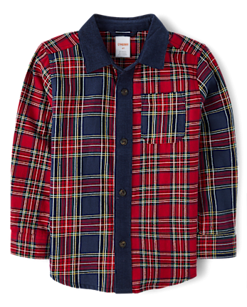 Boys Plaid Colorblock Flannel Button Up Shirt 2-Piece Outfit Set - Royal Christmas
