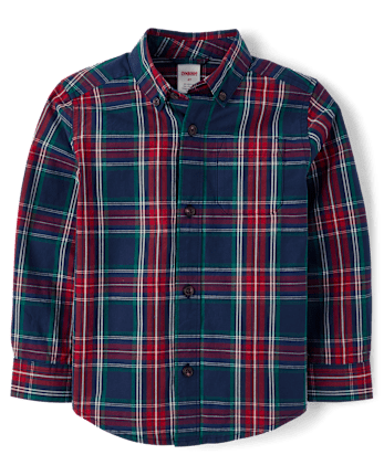 Boys Plaid Poplin Button Up Shirt 2-Piece Outfit Set - Royal Christmas