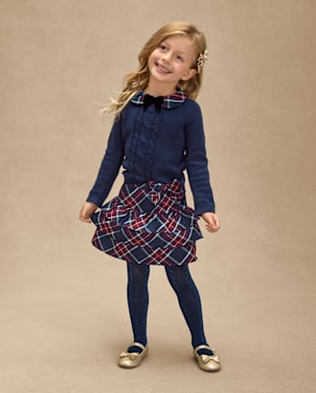 Girls Bow Cable Knit Sweater 2-Piece Outfit Set - Royal Christmas