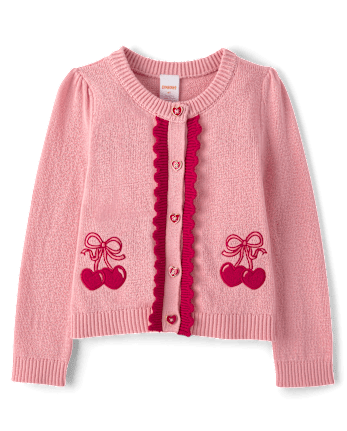 Girls Applique Cherry Heart Cardigan And Dress 2-Piece Outfit Set - Mon Cheri