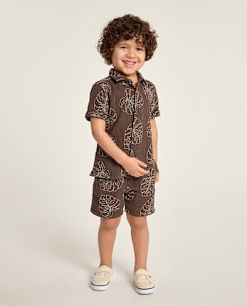 Boys Embroidered Tropical Leaf Gauze 2-Piece Outfit Set - Amalfi Coast