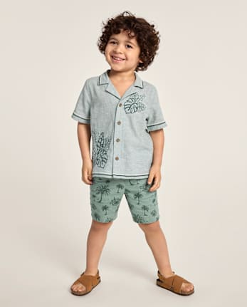 Boys Embroidered Tropical Leaf Linen-Blend 2-Piece Outfit Set-  Amalfi Coast