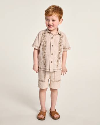 Boys Embroidered Tropical Leaf Linen-Blend 2-Piece Outfit Set - Amalfi Coast
