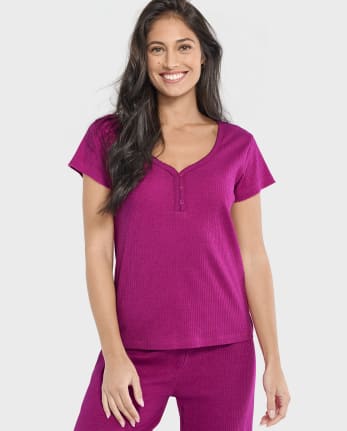 Top de pijama Henley de canalé para mujer