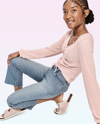 Tween Girls Ruched Tie Front Cropped Top