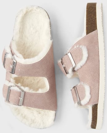 Tween Girls Faux Fur Double Buckle Slides
