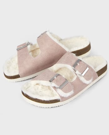 Tween Girls Faux Fur Double Buckle Slides
