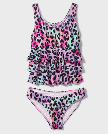 Tween Girl Leopard Ruffle Trim Bikini Swimsuit