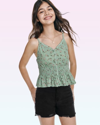Floral Button-Front Smocked Tank