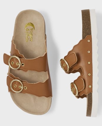 Girls Scalloped Double Buckle Slides