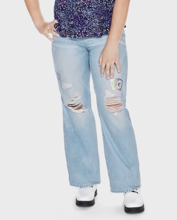 Tween Girls Distressed Doodle High Rise Wide Leg Jeans