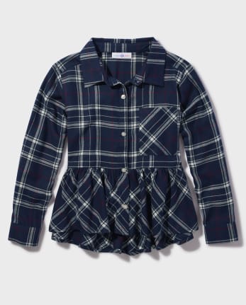 Tween Girls Plaid Peplum Button-Up Top