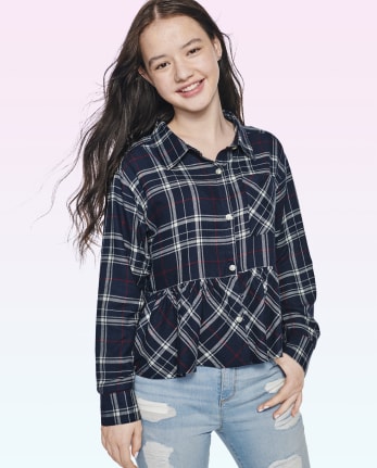 Tween Girls Plaid Peplum Button-Up Top