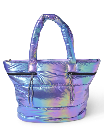 Tween Girls Rainbow Metallic Puffy Tote Bag