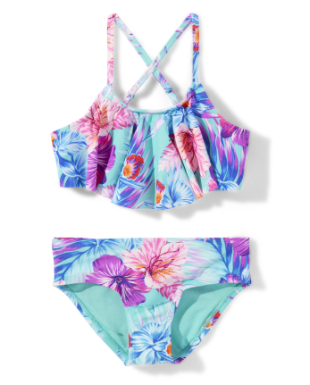 Teen Girls Sleeveless Tropical Floral Print Flounce Bikini Swimsuit