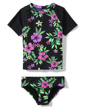 Teen Girls Short Raglan Sleeve Tropical Rashguard Swimsuit