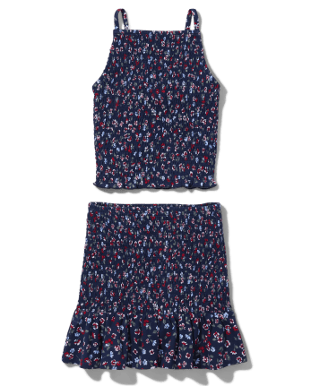 Tween Girls Floral Smocked Tank Top And Skirt 2-Piece Set