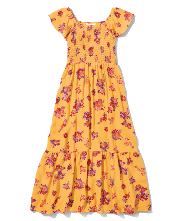 Teen Girls Short Flutter Sleeve Floral Print Woven Smocked Maxi Dress ...