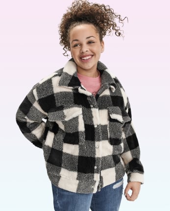 Tween Girls Buffalo Plaid Sherpa Oversized Shacket