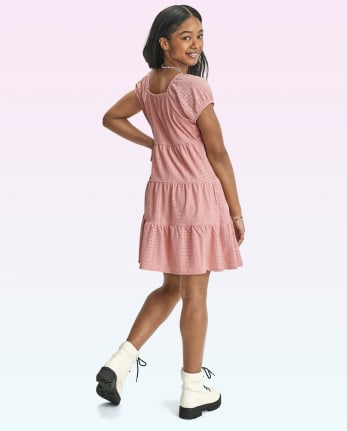 Teen Girls Short Sleeve Eyelet Knit Tiered Dress The Children s