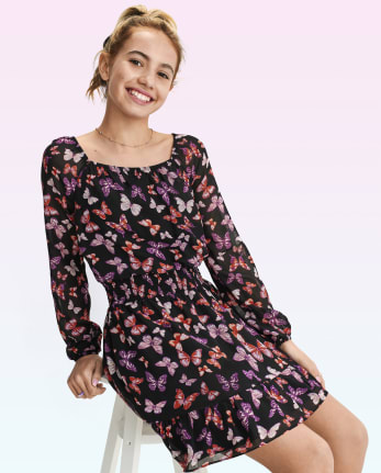 Vestido fruncido de georgette con mariposas para niñas Tween