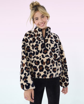 Tween Girls Print Sherpa Oversized Half-Zip Pullover