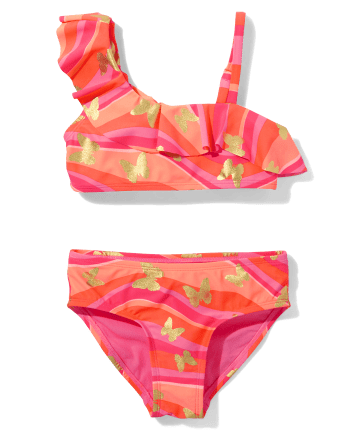 Tween Girls Sleeveless Foil Butterfly One Shoulder Bikini Swimsuit