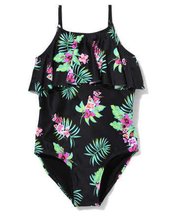 Tween Girls Sleeveless Tropical Ruffle One Piece Swimsuit