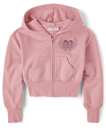 Tween Girls Heart Fleece Cropped Zip Up Hoodie