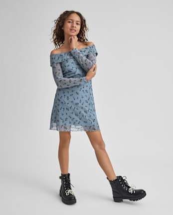 Tween Girls Floral Mesh Off-Shoulder Dress